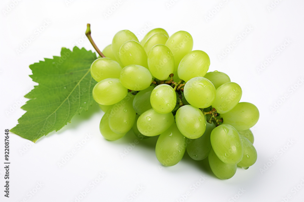 Bunch of natural ripe green sweet grapes on a vine on white background Bunch of natural ripe green sweet grapes on a vine on white background