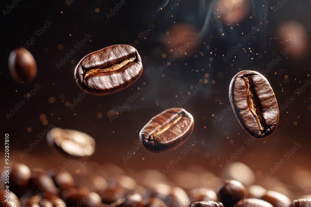 Closeup shot of coffee beans dropping from above Closeup shot of coffee beans dropping from above