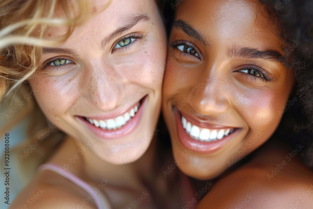 Beauty portrait of two beautiful young women with smiles and beautiful teeth