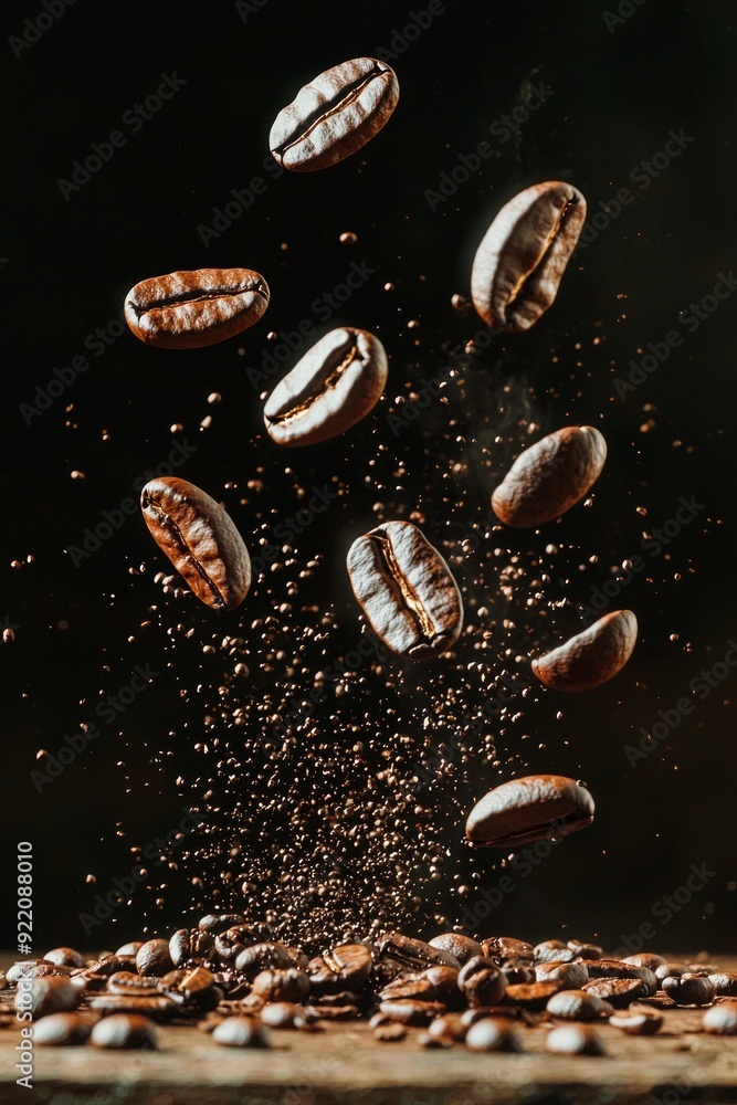 Closeup shot of coffee beans dropping from above Closeup shot of coffee beans dropping from above