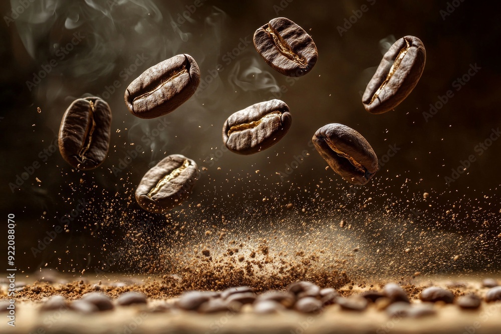 Closeup shot of coffee beans dropping from above Closeup shot of coffee beans dropping from above