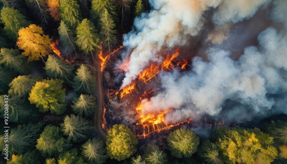 A forest fire ignites a patch of trees in vibrant autumn colors, sending thick smoke billowing into the air. Flames consume the underbrush as firefighters battle the blaze. A forest fire ignites a patch of trees in vibrant autumn colors, sending thick smoke billowing into the air. Flames consume the underbrush as firefighters battle the blaze.