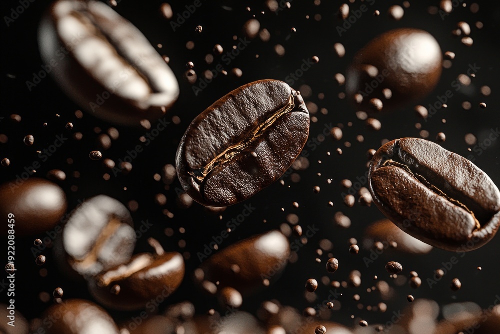Closeup shot of coffee beans dropping from above Closeup shot of coffee beans dropping from above