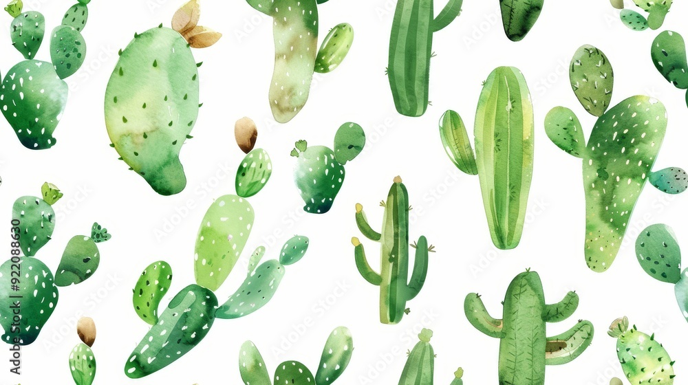 This vibrant watercolor pattern features a variety of cactus shapes and sizes, representing nature, growth, and resilience. The white background provides a clean and modern aesthetic. This vibrant watercolor pattern features a variety of cactus shapes and sizes, representing nature, growth, and resilience. The white background provides a clean and modern aesthetic.