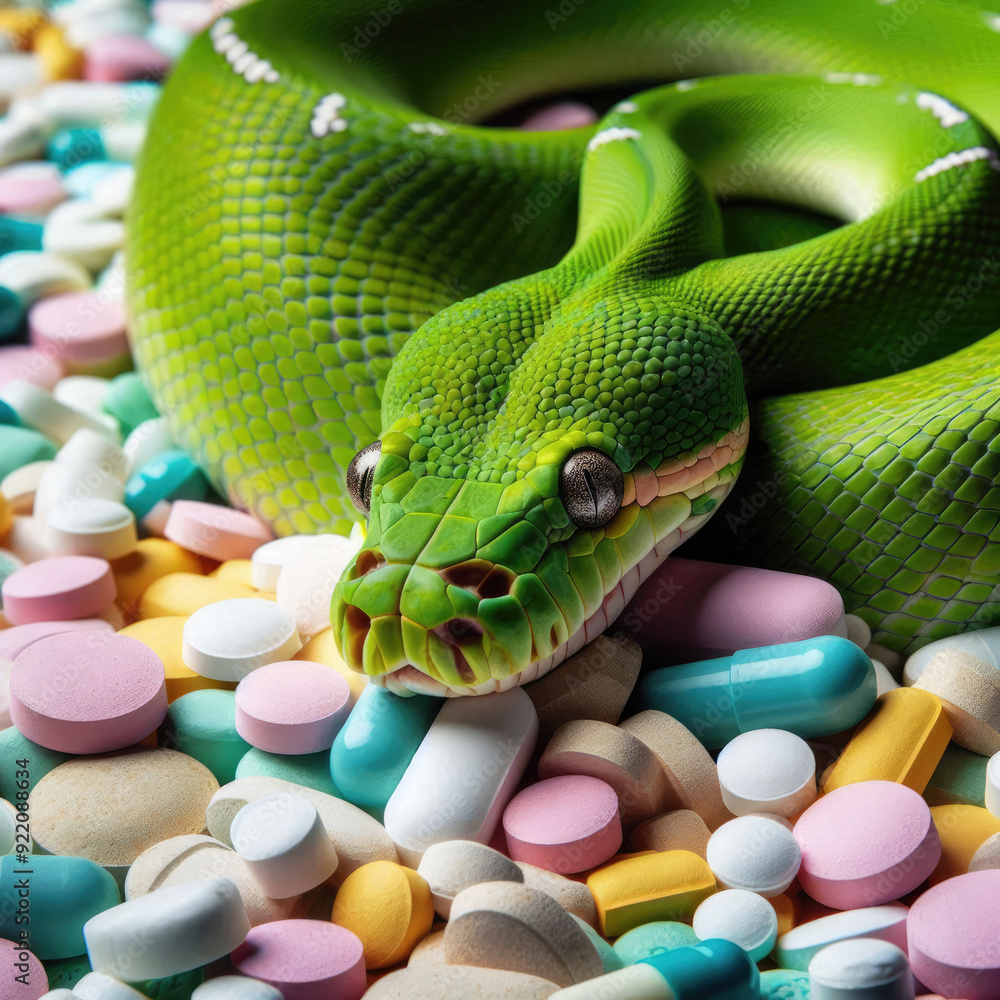 Obraz premium A vivid green snake coils comfortably among an array of pastel-colored pills and tablets, showcasing its striking scales against the vibrant background in gentle, diffused lighting.