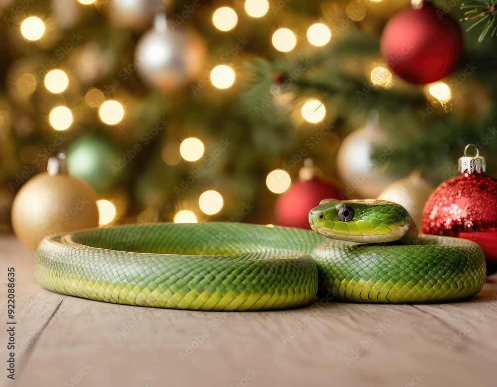Fototapeta premium This intriguing image features a coiled green snake laying beside a Christmas tree adorned with beautiful ornaments and glowing warm lights, blending nature with festive holiday vibes.