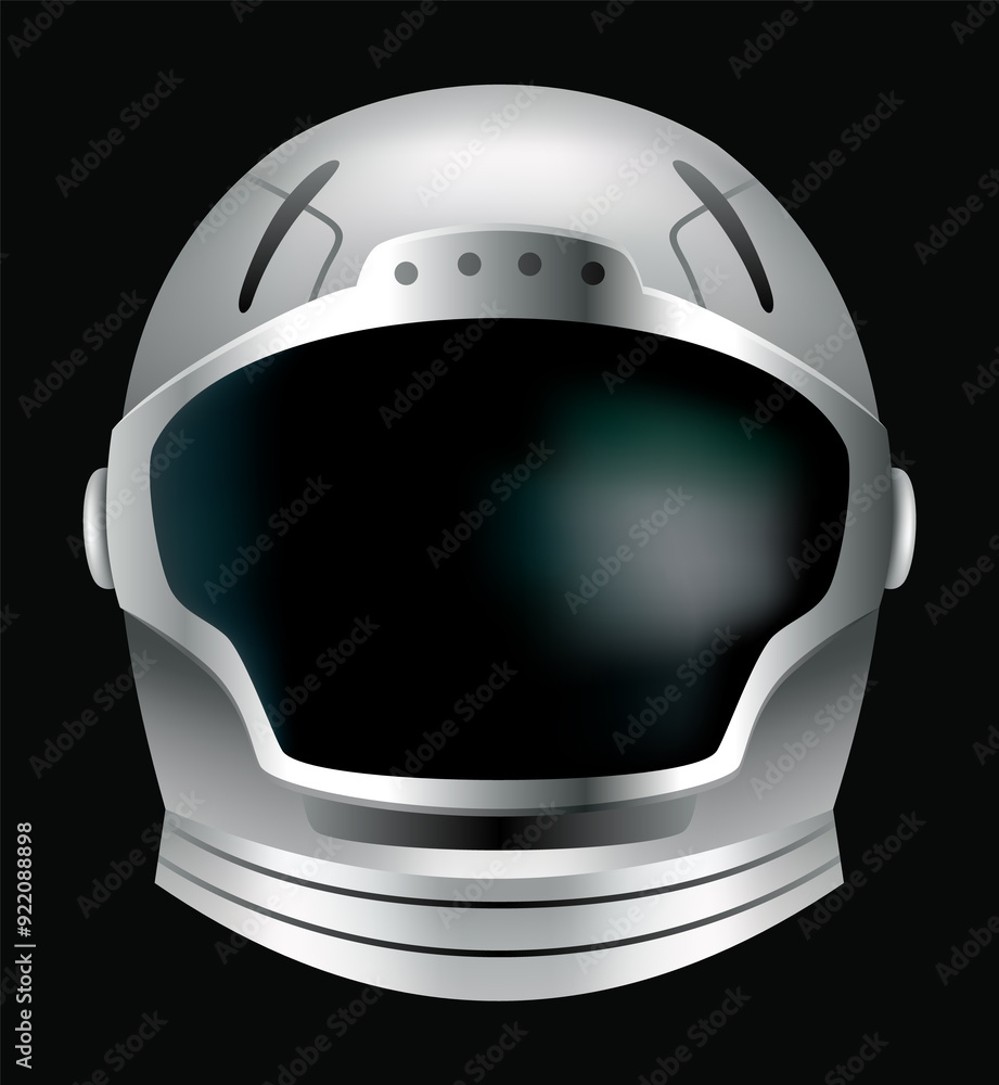 Astronaut helmet, realistic cosmonaut mask with glass for space exploration and flight in cosmos. Part suit for protection spaceman head. Isolated illustration