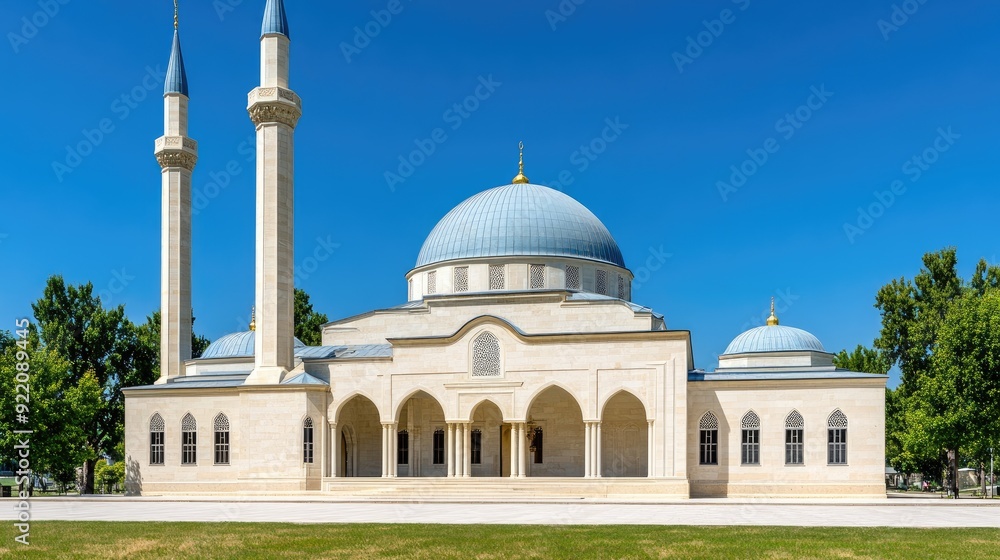 Obraz premium A stunning Ottoman mosque complex features a blue dome, white walls, and tall minarets, set against a clear sky and surrounded by lush greenery