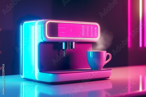 A futuristic coffee machine brewing a cup, sleek and minimalistic design, with holographic controls and soft neon lighting