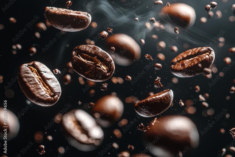 Closeup shot of coffee beans dropping from above Closeup shot of coffee beans dropping from above