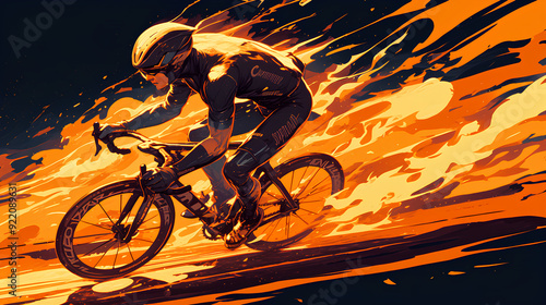 people riding a bike with burning fire on dark background, digital art style, illustration painting photo