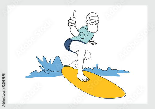 Continuous single line sketch drawing of professional surfing athlete man ride surfboard on big wave. One line art of extreme sport surfer on beach summer vector illustration