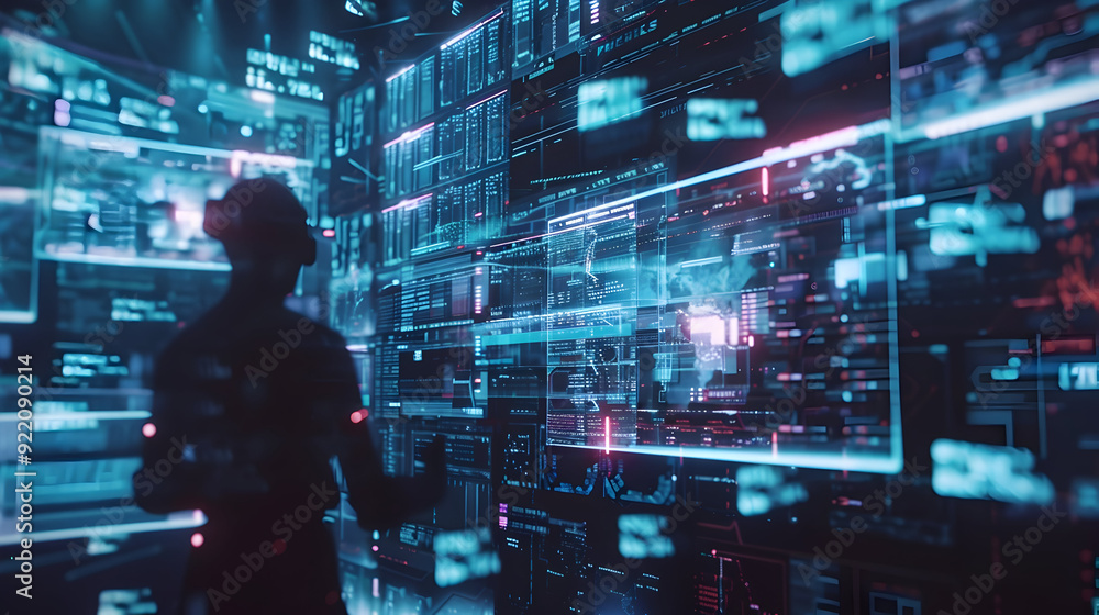 Silhouette of a Hacker in Front of a Wall of Digital Screens 3D Illustration Silhouette of a Hacker in Front of a Wall of Digital Screens 3D Illustration