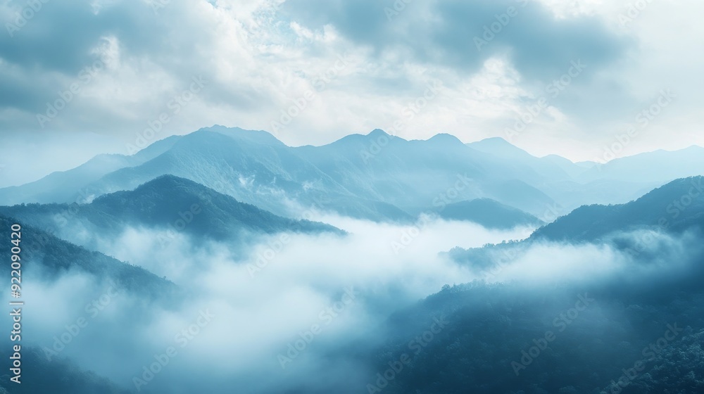 Obraz premium Summer mountains in dense fog, double exposure.