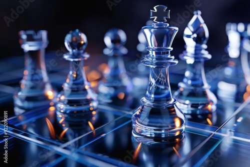 Close up of glass chess pieces on a futuristic chessboard. The king is in the foreground, with other pieces behind. The board is illuminated with blue lights.