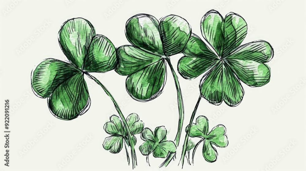 Four-leaf clover with shamrock plants on a white background for St. Patrick's Day and Irish luck. Four-leaf clover with shamrock plants on a white background for St. Patrick's Day and Irish luck.