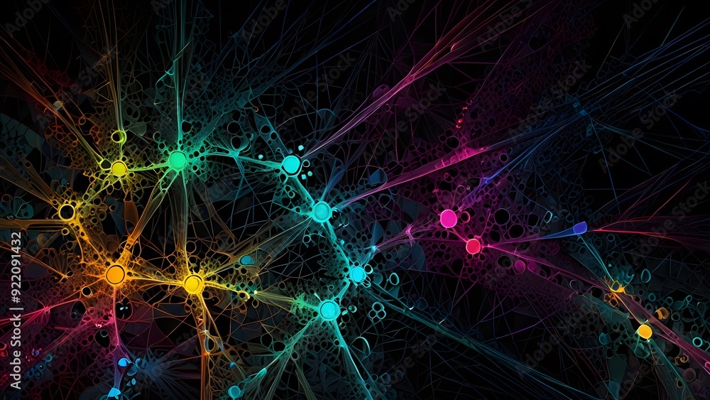 A fractal pattern made of interwoven digital lines and nodes, in vibrant colors the background is a deep black, with subtle gradients and digital noise for texture A fractal pattern made of interwoven digital lines and nodes, in vibrant colors the background is a deep black, with subtle gradients and digital noise for texture