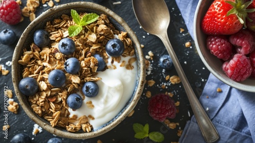 Close up photo of two bowls filled with cereal, berries, yogurt, and milk. The bowls are wooden and set on a gray tablecloth. photo