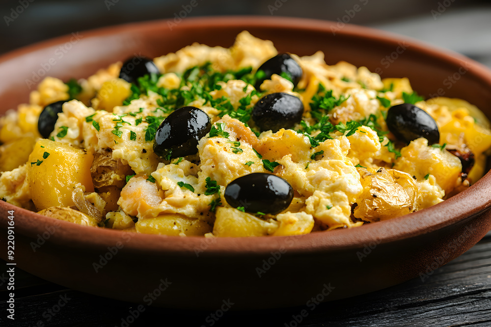 Bacalhau a Bras: Traditional Portuguese dish of shredded cod, scrambled eggs, and sautaed potatoes with olives on a rustic plate. Bacalhau a Bras: Traditional Portuguese dish of shredded cod, scrambled eggs, and sautaed potatoes with olives on a rustic plate.