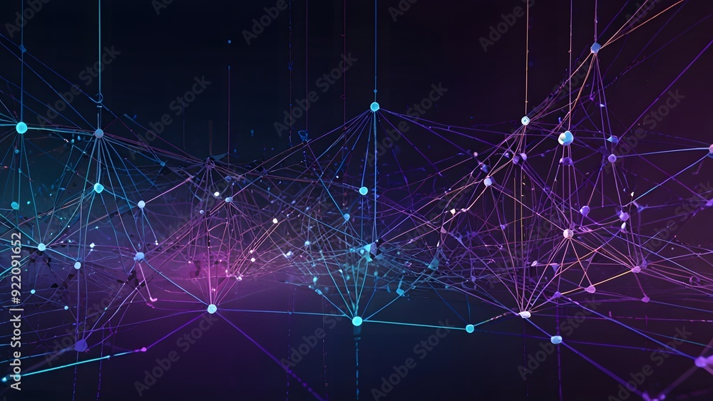 A complex network of digital circuits, with glowing pathways and nodes forming a vast, interconnected web the background is a gradient of deep blues and purples, with faint light rays A complex network of digital circuits, with glowing pathways and nodes forming a vast, interconnected web the background is a gradient of deep blues and purples, with faint light rays