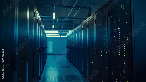 Dark Server Room with Glowing Lights - Realistic Image