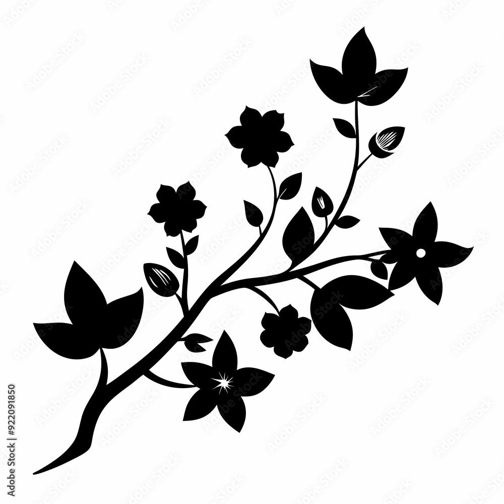 Fototapeta premium Black silhouette of branch with flowers art vector illustration