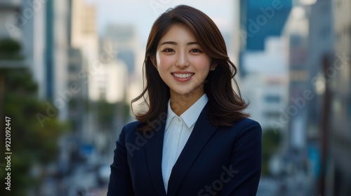 An Asian woman in a suit and tie  smiling confidently at the camera in a well-lit studio  with a business background.