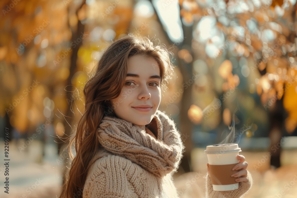 A beautiful girl with long hair walks in an autumn park with a cup of hot coffee A beautiful girl with long hair walks in an autumn park with a cup of hot coffee
