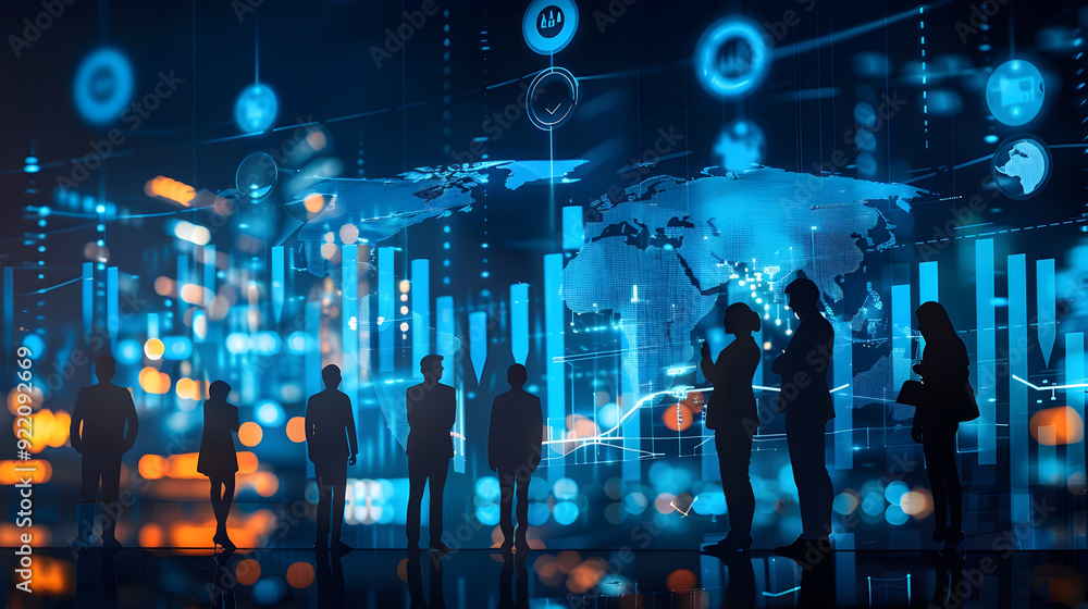 Silhouettes of People Standing in Front of a Blue Abstract Background with World Map and Charts - Illustration Silhouettes of People Standing in Front of a Blue Abstract Background with World Map and Charts - Illustration