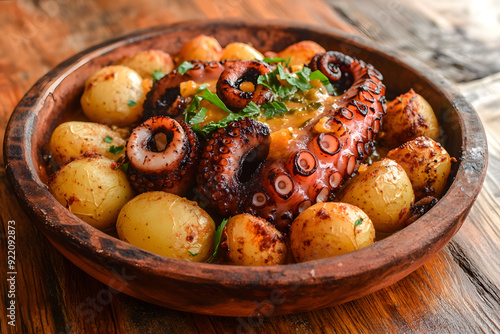 Rustic Polvo a Lagareiro: Grilled octopus with garlic, olive oil, and crispy roasted baby potatoes. photo