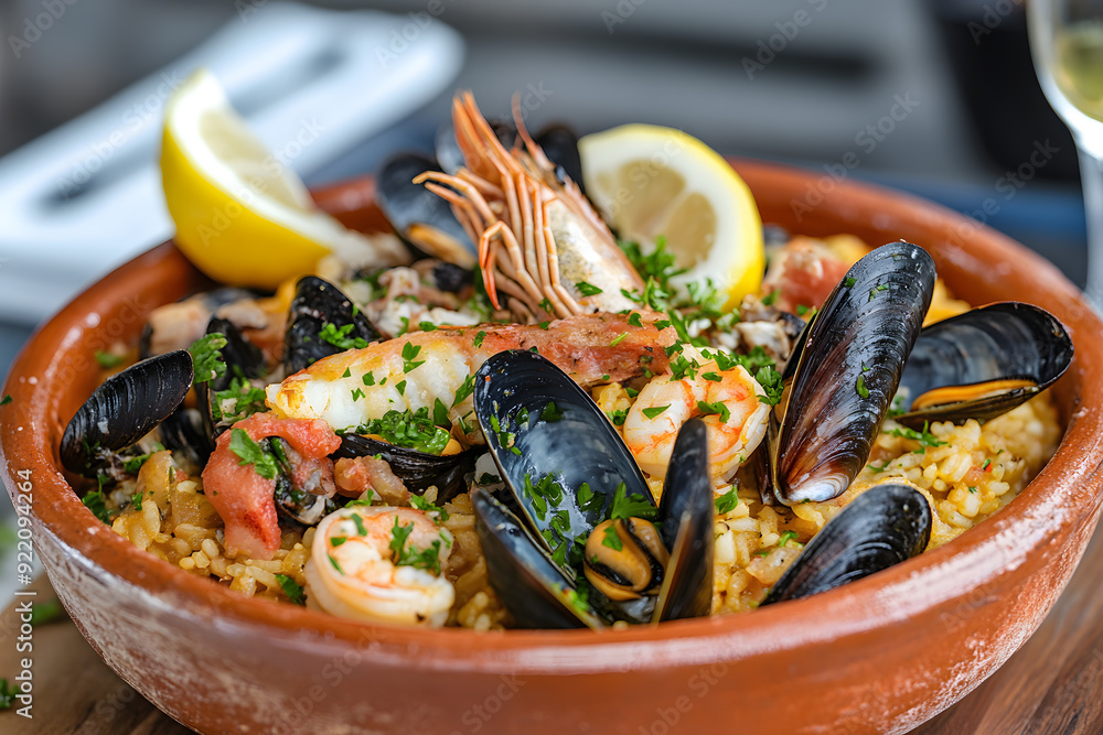 Arroz de Marisco: Portuguese seafood rice with mussels, clams, prawns, and fish in saffron-infused broth, served in a clay dish. Arroz de Marisco: Portuguese seafood rice with mussels, clams, prawns, and fish in saffron-infused broth, served in a clay dish.