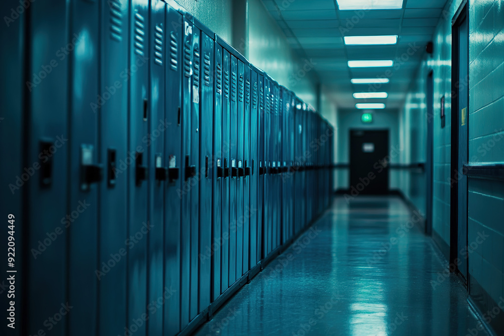 School Hallway with Blue and Teal Lockers in a C School Hallway with Blue and Teal Lockers in a C