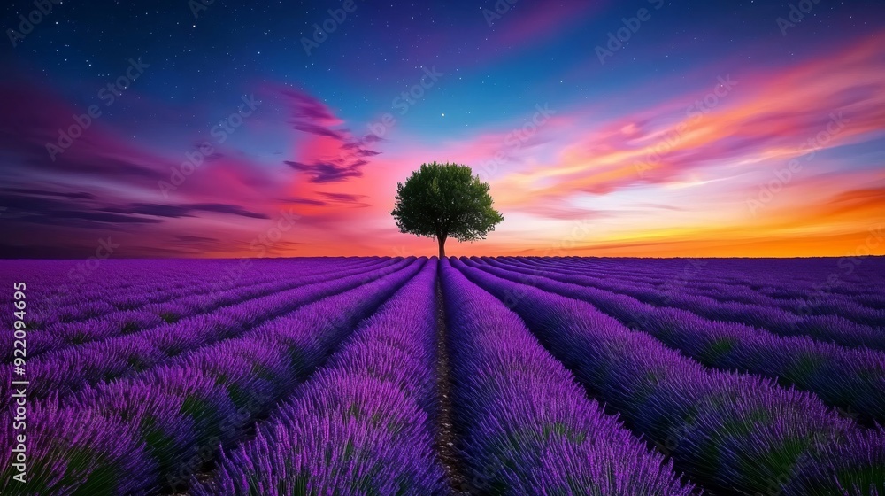 A lavender field under the starry sky, with a lone tree in the center of the composition. The purple hues blend seamlessly into the twilight sky, creating an enchanting and dreamy atmosphere A lavender field under the starry sky, with a lone tree in the center of the composition. The purple hues blend seamlessly into the twilight sky, creating an enchanting and dreamy atmosphere