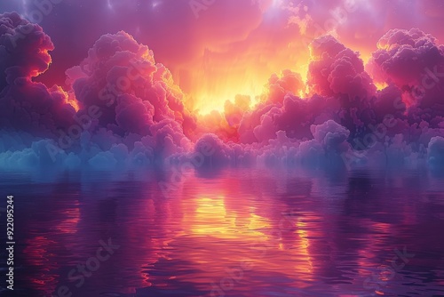 Sunset, a sky full of pink clouds, a calm sea surface, a reflection in the water, photo