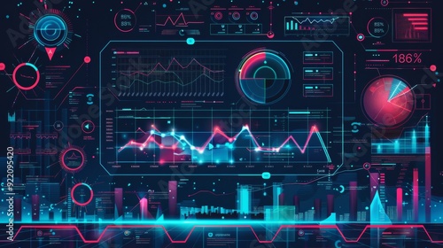 Big Data Chart Against City Backdrop, Illustrating Business Development, Financial Planning, and Investment Strategy with Market Graphs and Technology Analysis