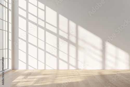 Bright Interior with White Wall and Light Wood Floor. Empty Room Illuminated Natural Sunlight