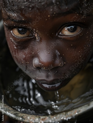 Water access issues in Africa. A child drinking from a bucket.