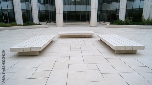 The sunny square features elegant beige columns and seating areas with traditional Emirati houses in the background