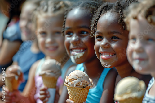 Happy children enjoying ice cream together outdoors photo