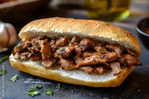 Hearty Portuguese Bifana sandwich with marinated pork in a crusty roll. A vibrant street food favorite. photo