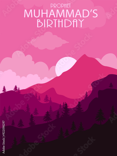Text Prophet Muhammad's birthday and setting sun over mountains, flat art. Festive design for greeting card or poster for islamic celebration Mawlid Al Nabi.