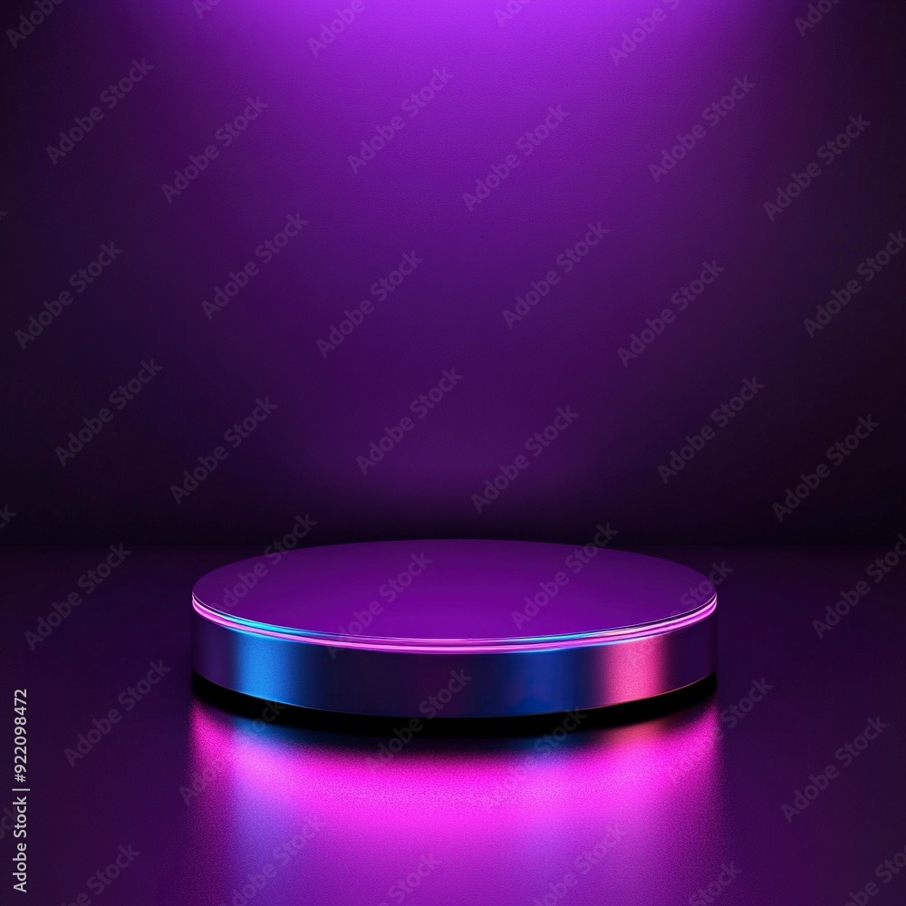 An empty sleek metallic product podium with a neons, set against a gradient of deep purple,style raw , generative ai An empty sleek metallic product podium with a neons, set against a gradient of deep purple,style raw , generative ai