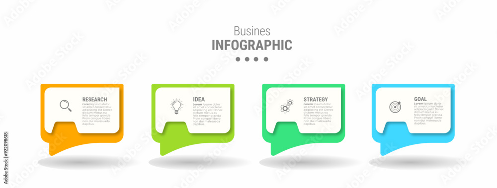 Obraz premium Concept of arrow business model with 4 successive steps. Six colorful graphic elements. Timeline design, presentation. Infographic design