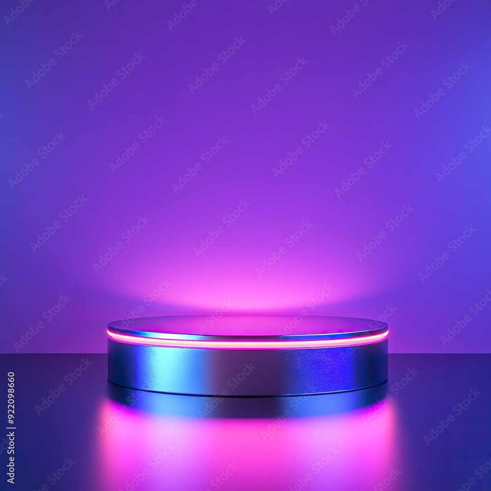 An empty sleek metallic product podium with a neons, set against a gradient of deep purple,style raw , generative ai An empty sleek metallic product podium with a neons, set against a gradient of deep purple,style raw , generative ai