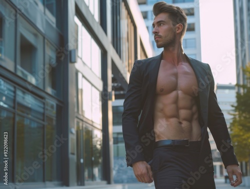 A shirtless man showcasing his six pack abs in an urban setting, walking with confidence and a stylish fashion look. photo