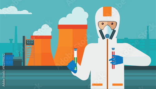 Young caucasian laboratory assistant in protective chemical suit holding a test-tube with black liquid on the background of nuclear power plant. Vector flat design illustration. Square layout.
