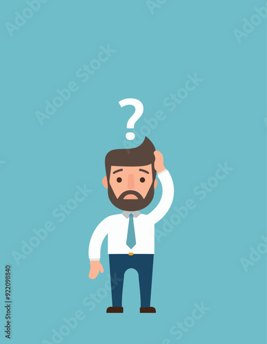 A sad Caucasian businessman with question mark over his head showing that he is in a big tro
