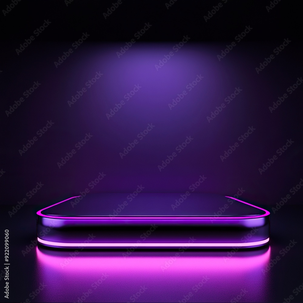 An empty sleek metallic product podium with a neons, set against a gradient of deep purple,style raw , generative ai An empty sleek metallic product podium with a neons, set against a gradient of deep purple,style raw , generative ai