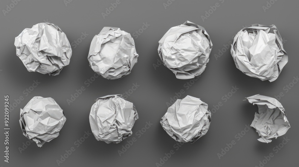 Collection of various shapes and sizes of crumpled paper balls. Collection of various shapes and sizes of crumpled paper balls.