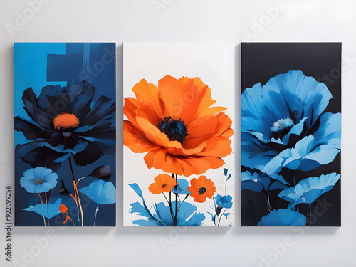 Set of three abstract floral art with blue and orange hue